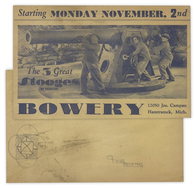 Promotional Flyer From 1936 for a Three Stooges Show at the Bowery in Hamtramck, Michigan -- With Doodle on Verso -- Measures 8.25 x 5.25 -- Closed Tear at Bottom, Overall Very Good